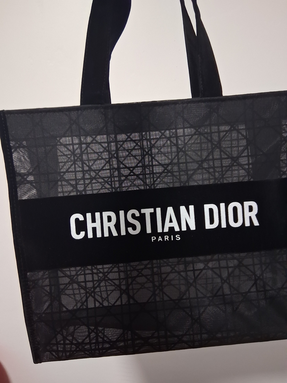 Black Mesh Tote Bag with Geometric Pattern White Logo. - Picture 4 of 4
